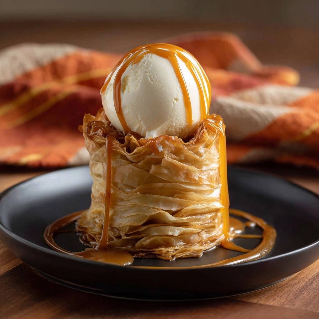 Knuspriger Apfel Crepes Turm Mit Vanilleeis Detail Karamell 1 Knuspriger Apfel-Crêpes-Turm mit Vanilleeis, detailreich mit Karamellglasur übergossen und auf einem Teller serviert.