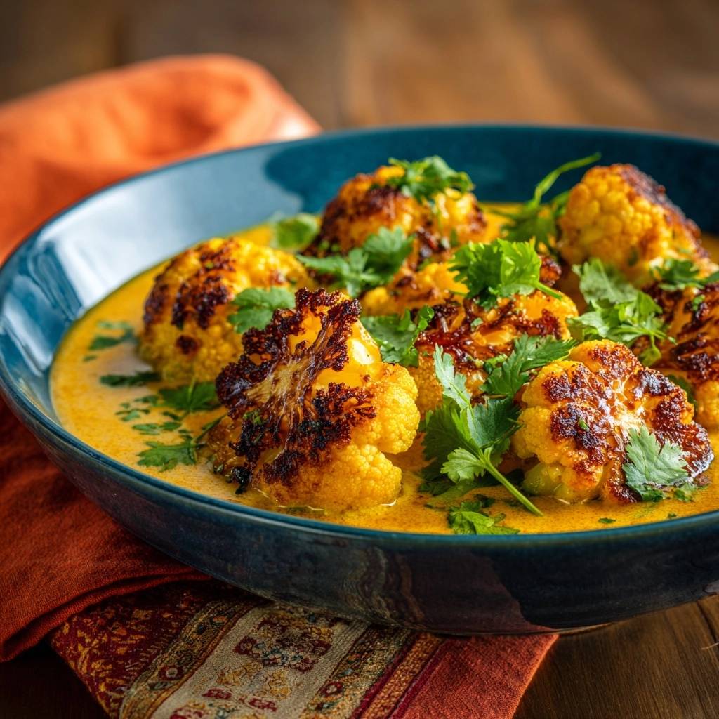 Knuspriger Blumenkohl-Curry mit frischer Koriandergarnitur in einer blauen Schüssel, nahaufnahme.