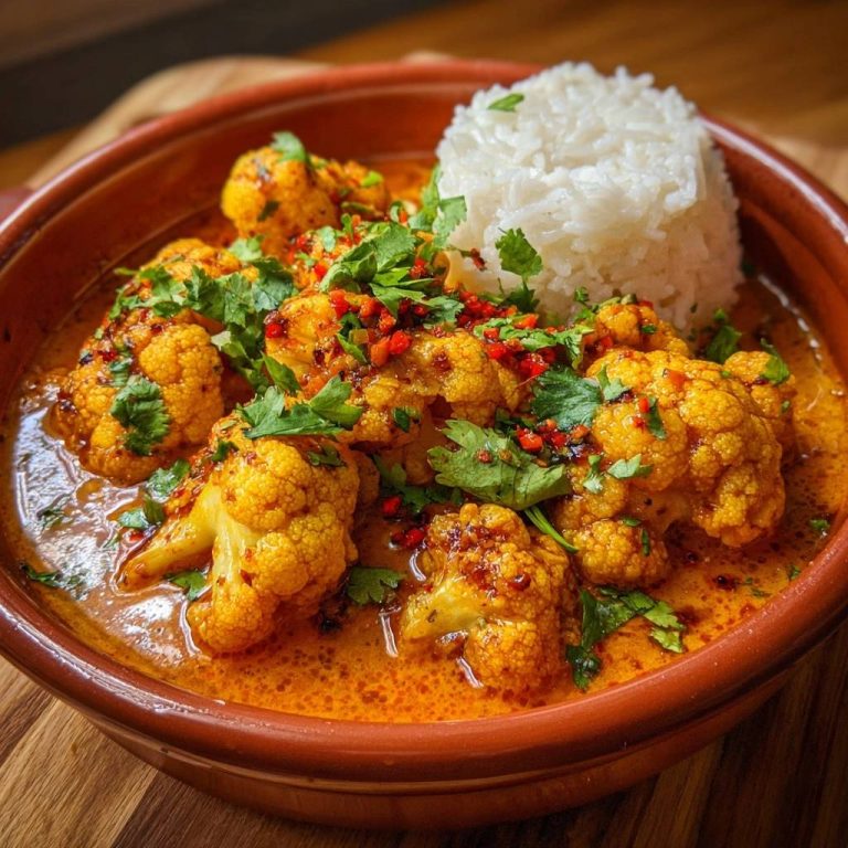 Knuspriger Blumenkohl-Curry vegan und knackig, nahaufnahme der würzigen Garnitur mit Chili und Koriander.