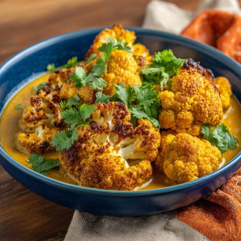 Knuspriger Blumenkohl-Curry in einer blauen Schüssel, serviert mit frischem Koriander und cremiger Sauce, Nahaufnahme.