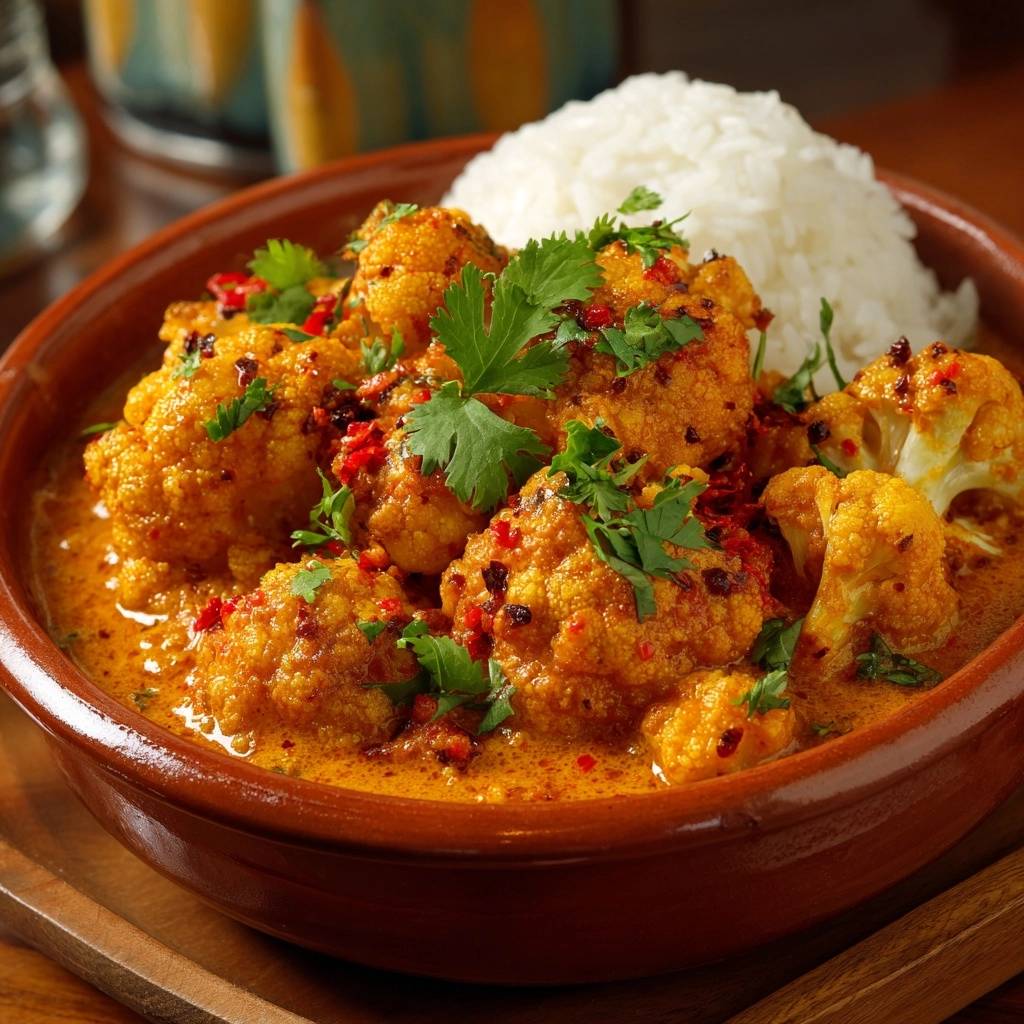 Knuspriger Blumenkohl-Curry serviert mit weißem Reis und garniert mit frischer Petersilie in einer braunen Schüssel.