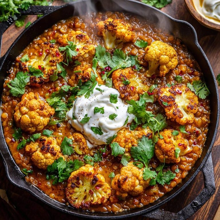 Knuspriger Blumenkohl-Dal, garniert mit frischem Koriander und einem Klecks Joghurt in einer Gusspfanne.
