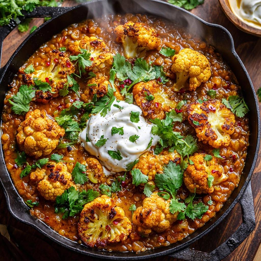 Knuspriger Blumenkohl-Dal, garniert mit frischem Koriander und einem Klecks Joghurt in einer Gusspfanne.