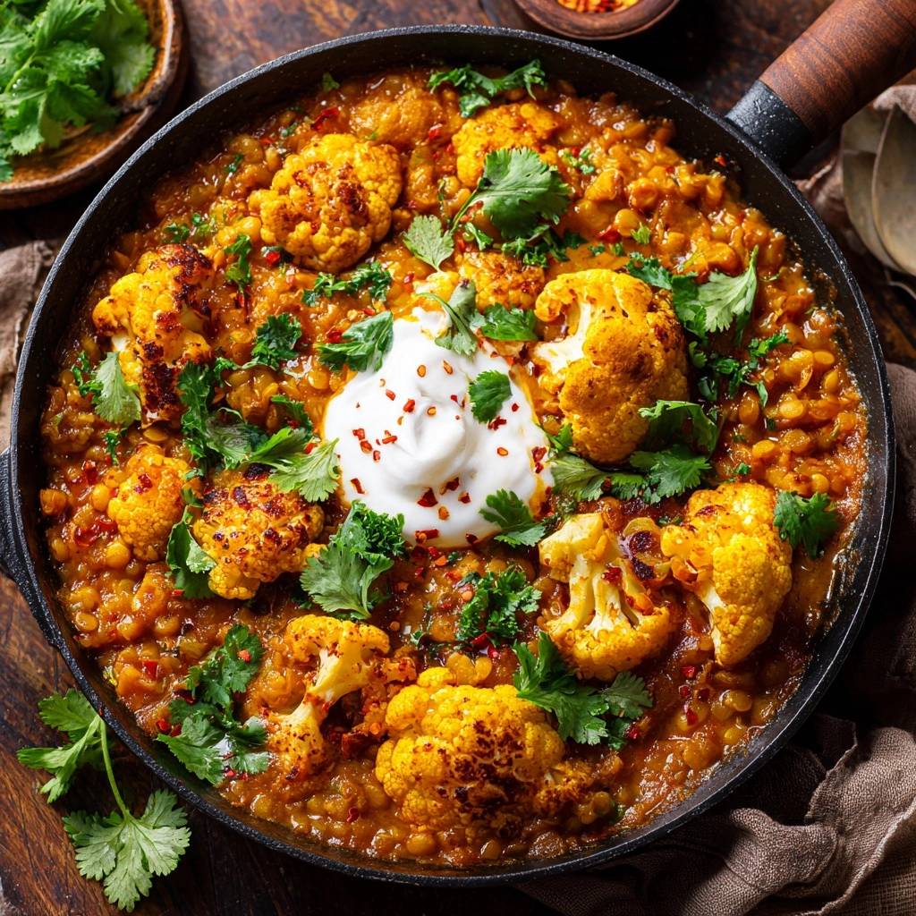 Knuspriger Blumenkohl-Dal mit cremiger Joghurt-Topping und frischer Koriander-Garnitur in der Pfanne serviert.