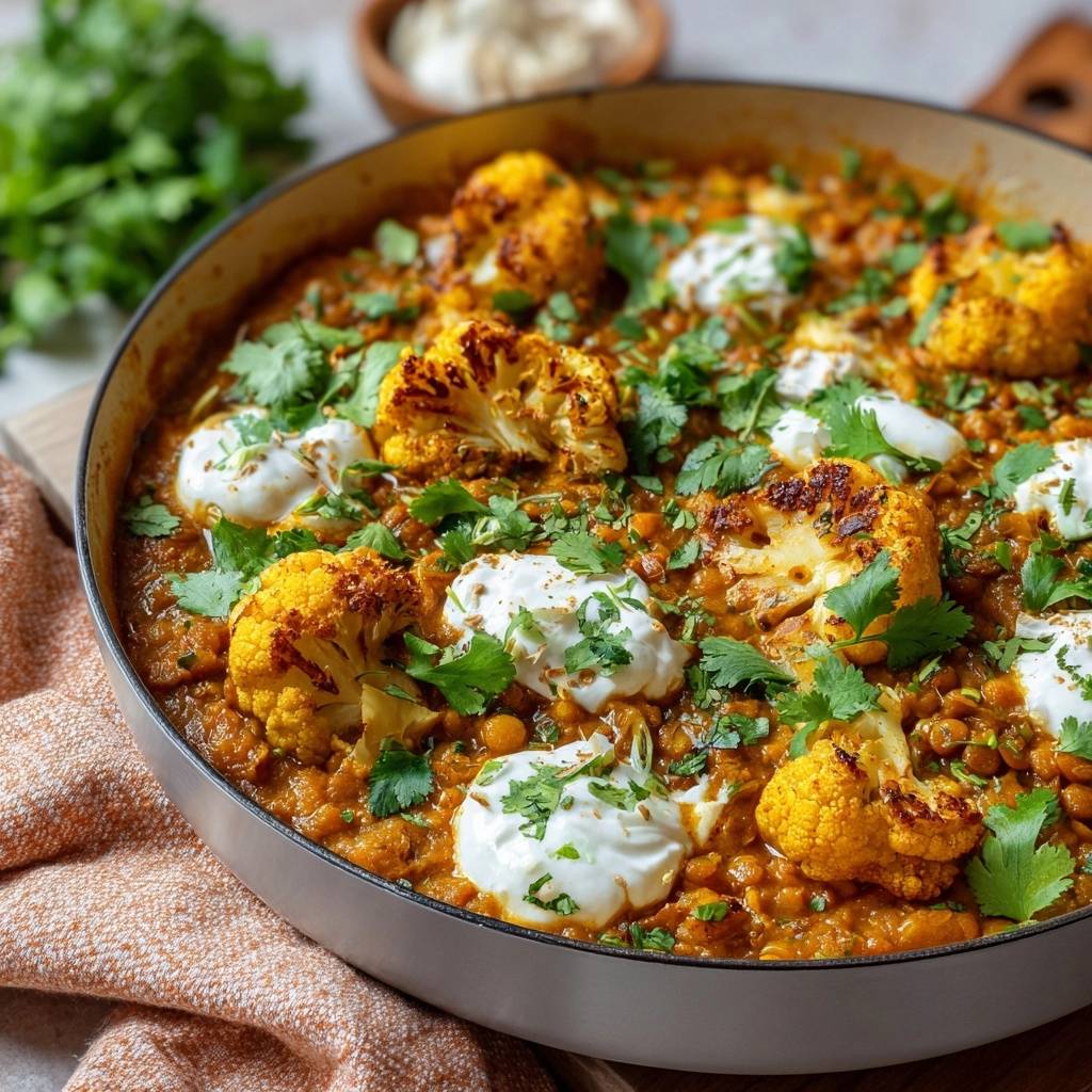 Knuspriger Blumenkohl Masala mit Joghurt-Topping und frischem Koriander garniert in einer Pfanne serviert.