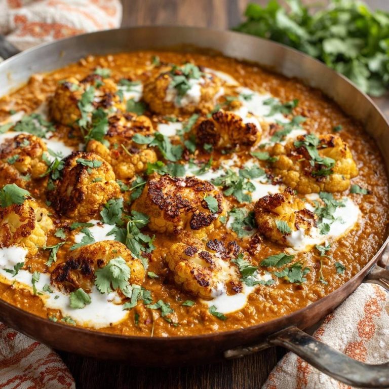Knuspriger Blumenkohl Masala mit Koriander und cremiger Sauce, garniert mit frischen Kräutern in einer Pfanne serviert