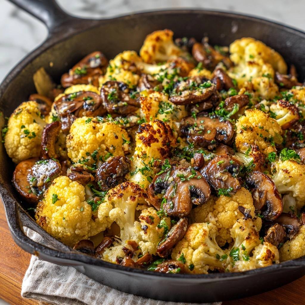 Knuspriger Blumenkohl mit Pilzen und Bacon aus der gusseisernen Pfanne, garniert mit Petersilie.