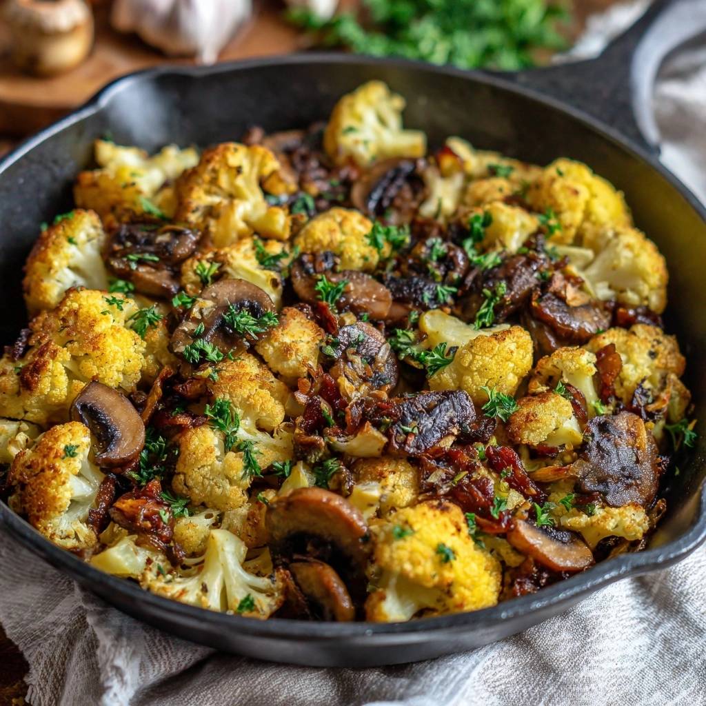 Knuspriger Blumenkohl mit Pilzen und Bacon, garniert mit Petersilie, in einer Gusseisenpfanne serviert