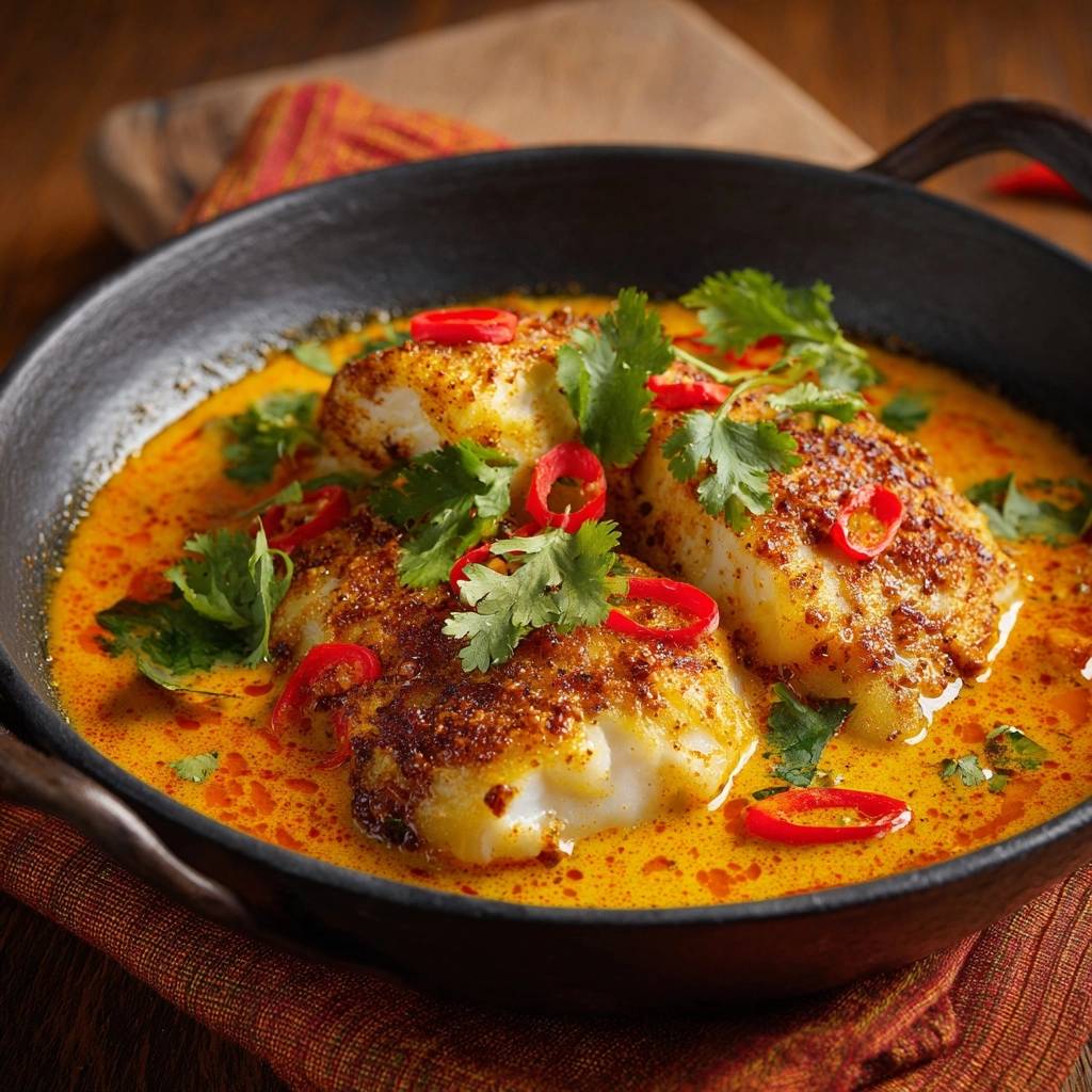 Knuspriger Fisch in Thai-Curry mit frischem Koriander und Chilischeiben garniert in einer schwarzen Pfanne