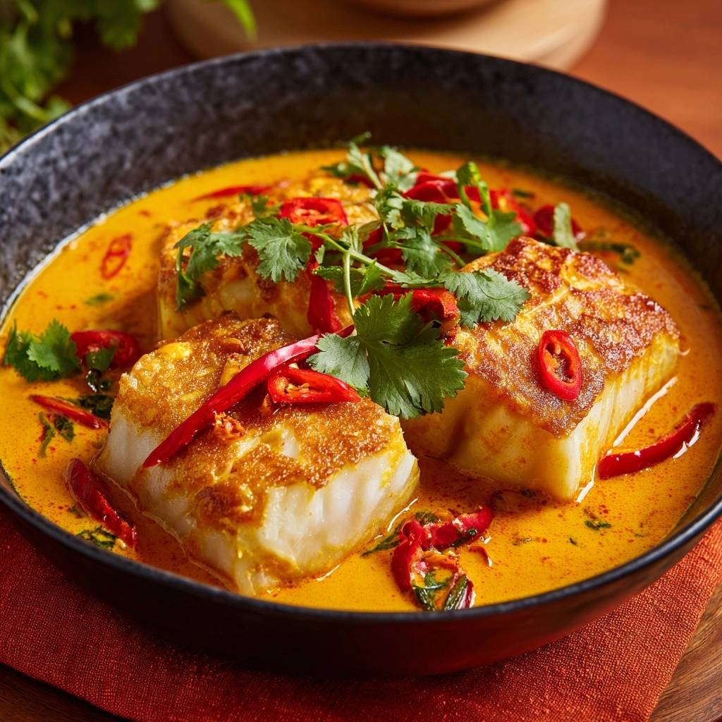 Knuspriger Fisch-Thai-Curry mit gebratenen Fischstücken, garniert mit Chilis und Koriander in einer cremigen Sauce.