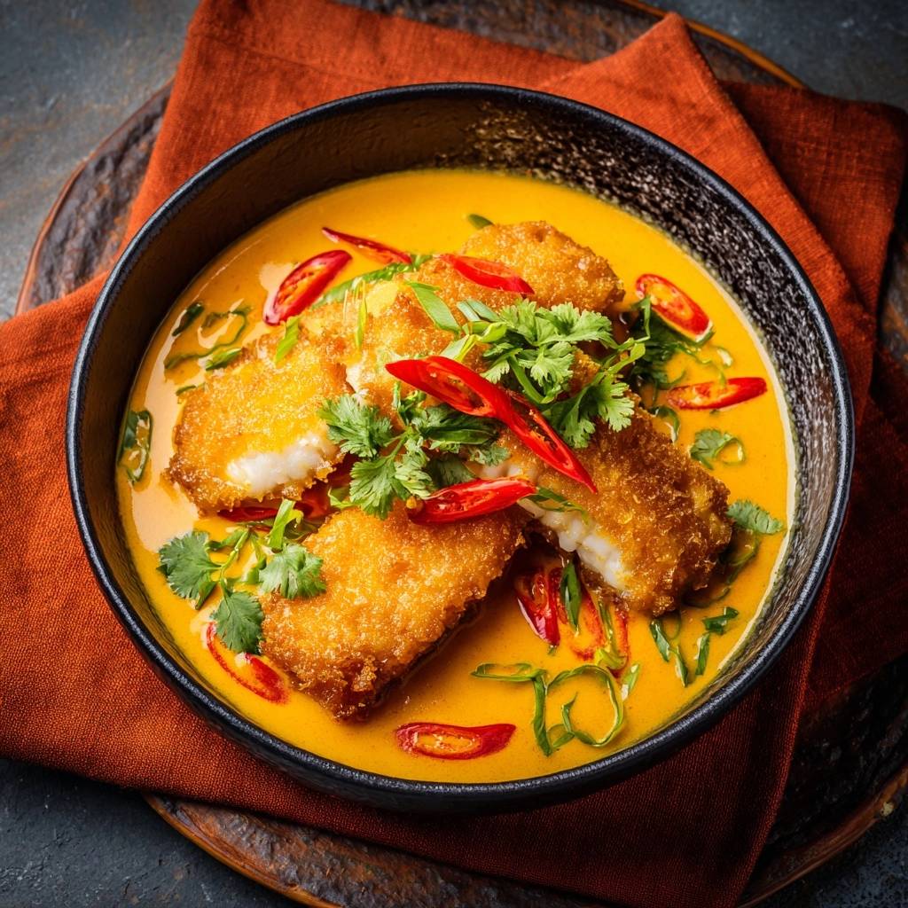 Knuspriger Fisch-Thai-Curry von oben mit frischen Kräutern und Chilis garniert, in einer Schüssel serviert.