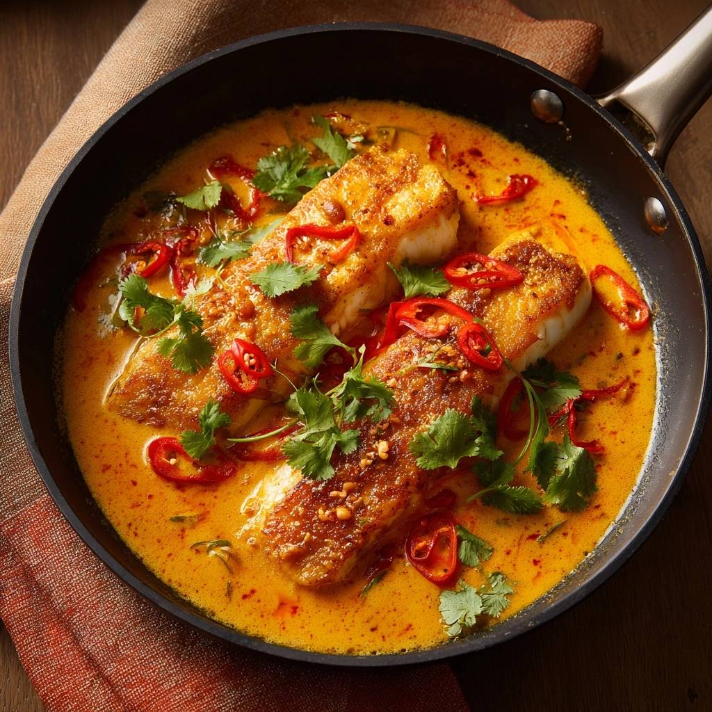 Knuspriger Fisch Thai Curry Pfanne Garniert 1 Knuspriger Fisch in Thai-Curry, serviert in einer Pfanne mit frischem Koriander und Chilischeiben als Garnitur.