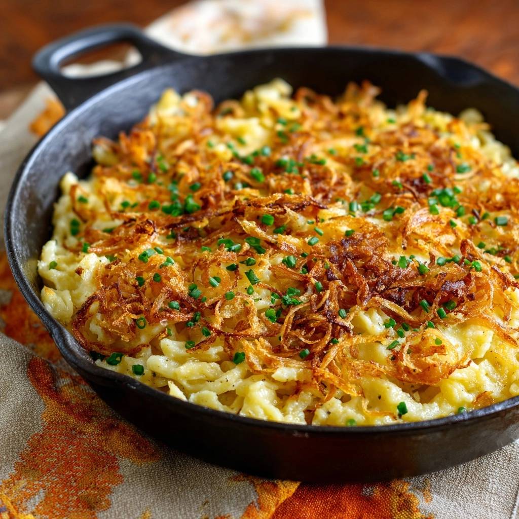 Knuspriger Kaese Kartoffel Auflauf Aus Der Pfanne Garniert 1 Knuspriger Käse-Kartoffel-Auflauf aus der Pfanne, garniert mit gebratenen Zwiebeln und Schnittlauch, in einer gusseisernen Pfanne serviert.
