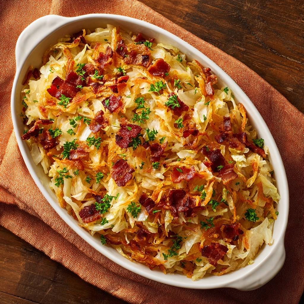 Knuspriger Kartoffel Raeuchertofu Auflauf Garniert 1 Knuspriger Kartoffel-Räuchertofu-Auflauf, garniert mit frischer Petersilie und knusprigem Speck, serviert im ovalen Auflauf.