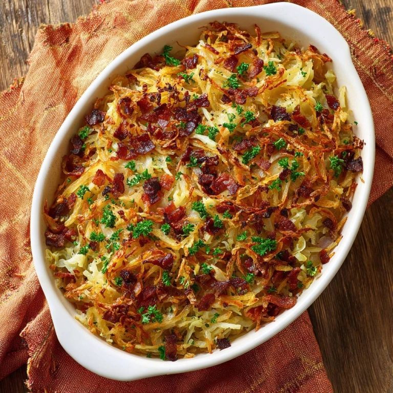 Knuspriger Kartoffel-Räuchertofu-Auflauf mit Speck und Petersilie, aus einer weißen Auflaufform serviert.