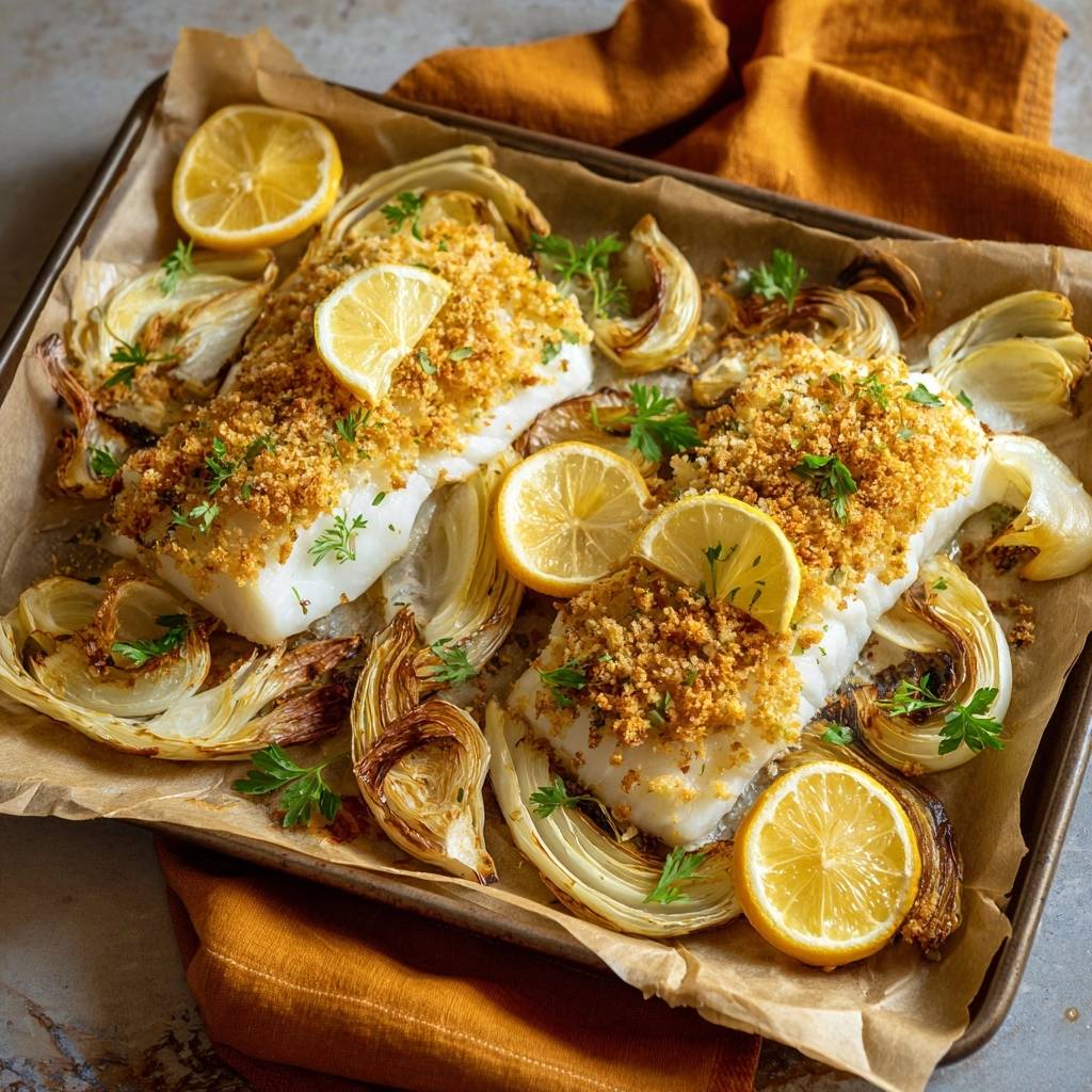 Knuspriger Ofenfisch mit Fenchel auf einem Backblech mit Zitrone und Kräutern garniert, von oben gesehen.
