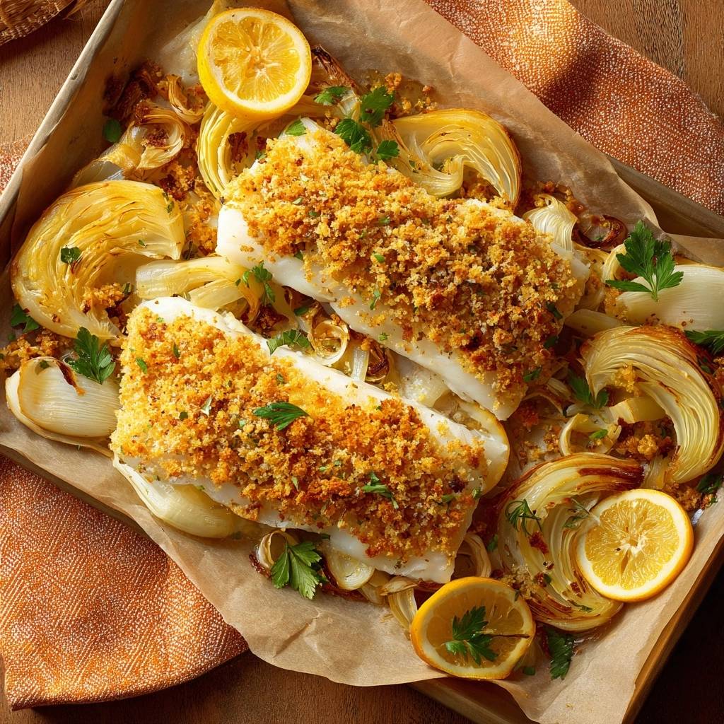 Knuspriger Ofenfisch mit Fenchel, appetitlich im Backblech mit Zitronenscheiben und Petersilie garniert.