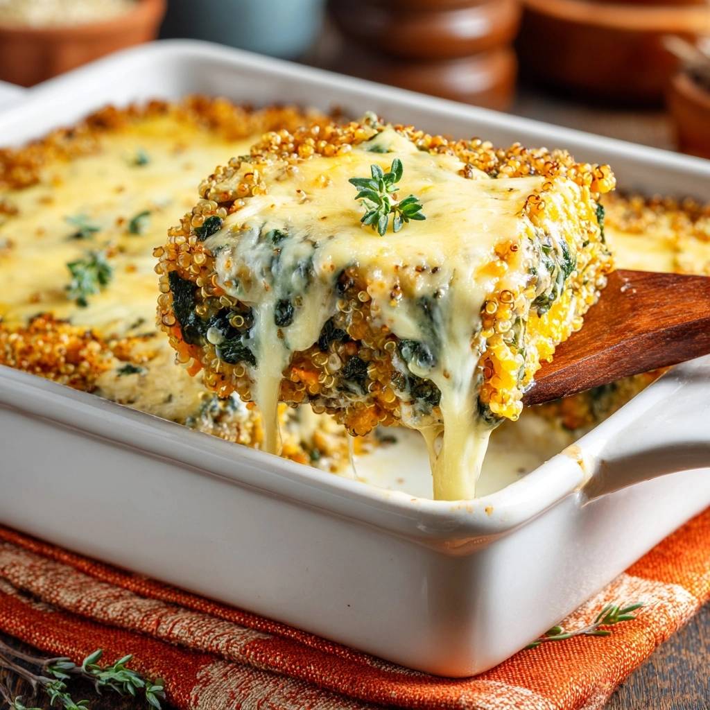Knuspriger Quinoa Spinat Gratin Innenansicht 1 Knuspriger Quinoa-Spinat-Gratin mit geschmolzenem Käse, der beim Anheben einer Portion herausläuft.