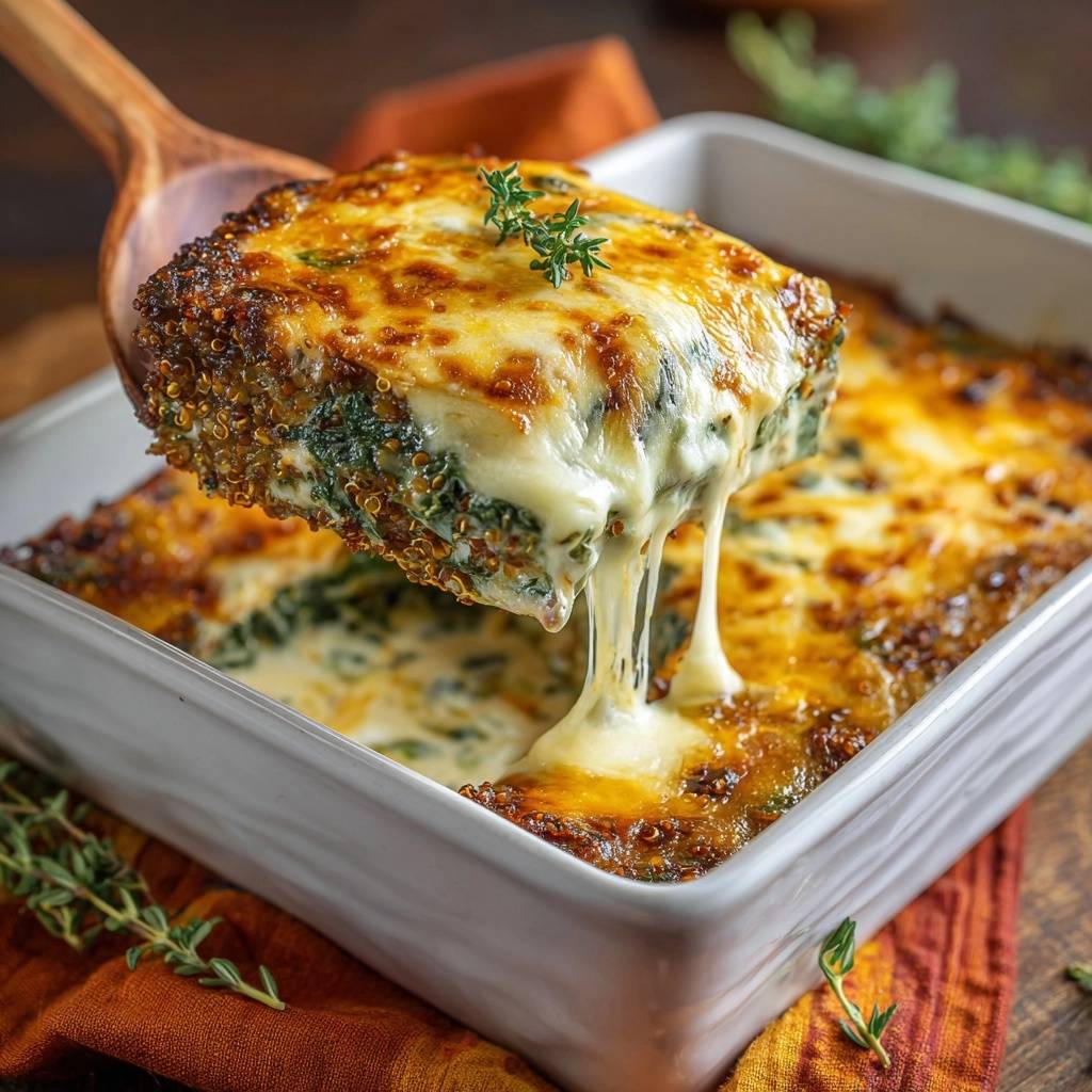 Knuspriger Quinoa-Spinat-Gratin mit geschmolzenem Käse, der Fäden zieht, frisch aus dem Ofen.