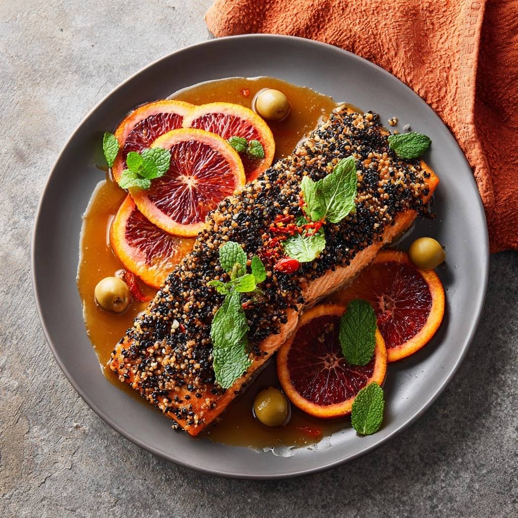 Knuspriger Sesam-Lachs mit Blutorange, serviert mit Orangenscheiben und Minze, von oben gesehen.