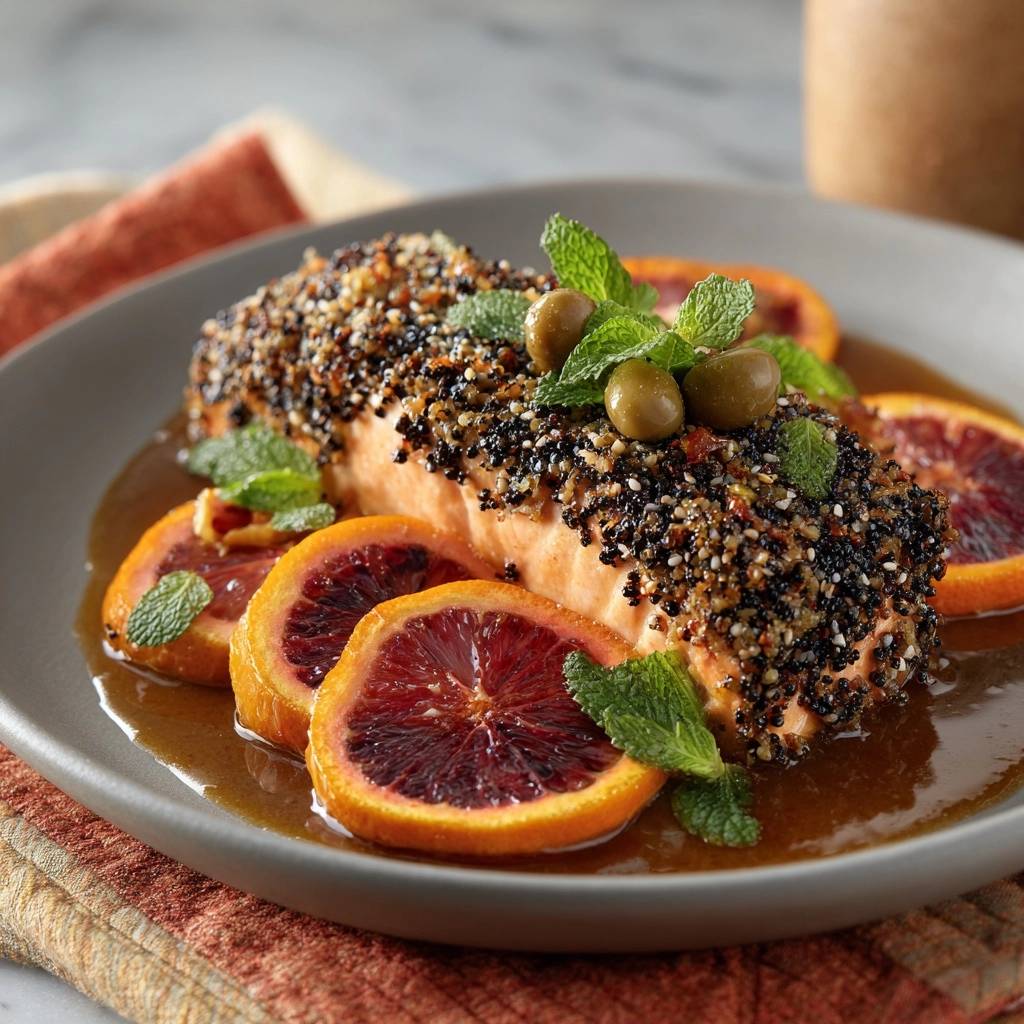 Knuspriger Sesam Lachs Mit Blutorange Garniert 1 Knuspriger Sesam-Lachs mit Blutorange, garniert mit Oliven und Minze auf einem Teller serviert.