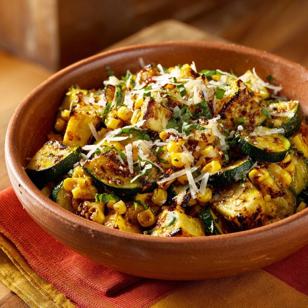 Knuspriger Zucchini-Mais aus der Pfanne, garniert mit geriebenem Käse und frischen Kräutern, in einer rustikalen Schüssel serviert.