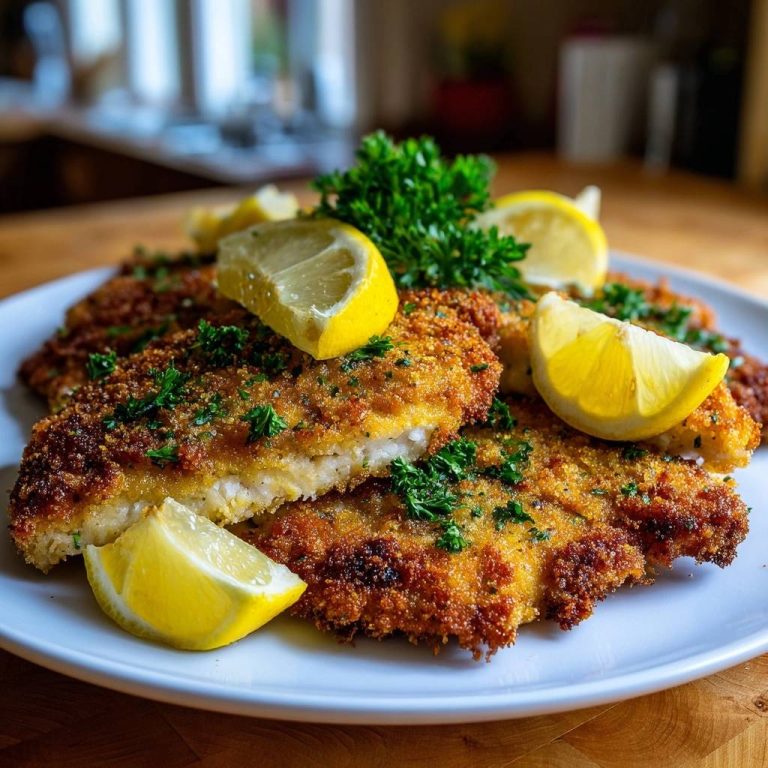 Knuspriges Fischschnitzel mit Zitrone, serviert auf einem weißen Teller und garniert mit frischer Petersilie und Zitronenspalten.