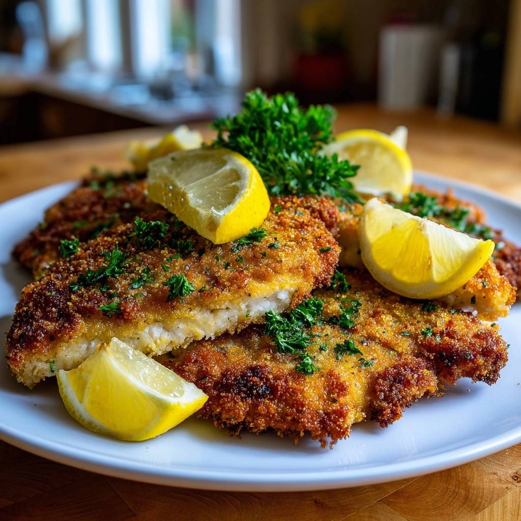 Knuspriges Fischschnitzel mit Zitrone, serviert auf einem weißen Teller und garniert mit frischer Petersilie und Zitronenspalten.