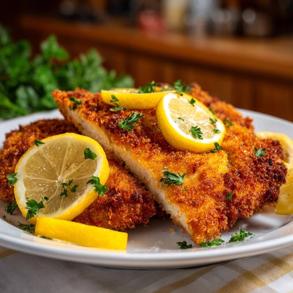 Knuspriges Fischschnitzel Mit Zitrone Angeschnitten 1 Knuspriges Fischschnitzel mit Zitrone, angeschnitten, zeigt die goldbraune Panade und das saftige Innere, garniert mit frischer Petersilie.