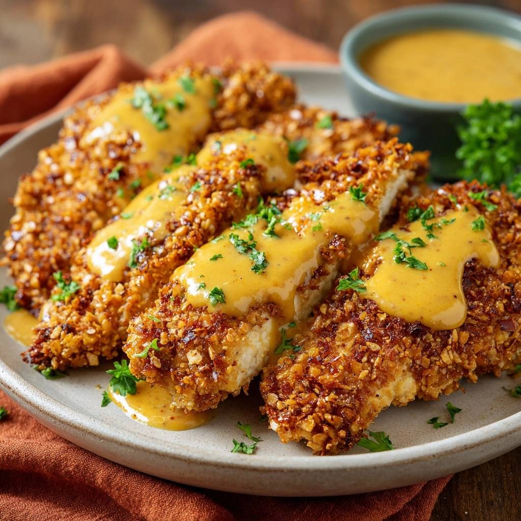 Knuspriges Hähnchenschnitzel mit Honig-Senf-Sauce, garniert mit frischer Petersilie und Nahaufnahme der Sauce