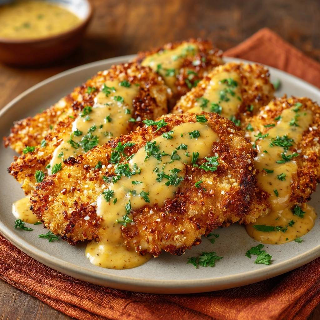 Knuspriges Hähnchenschnitzel mit Honig-Senf-Sauce, garniert mit frischer Petersilie, wird auf einem Teller serviert.