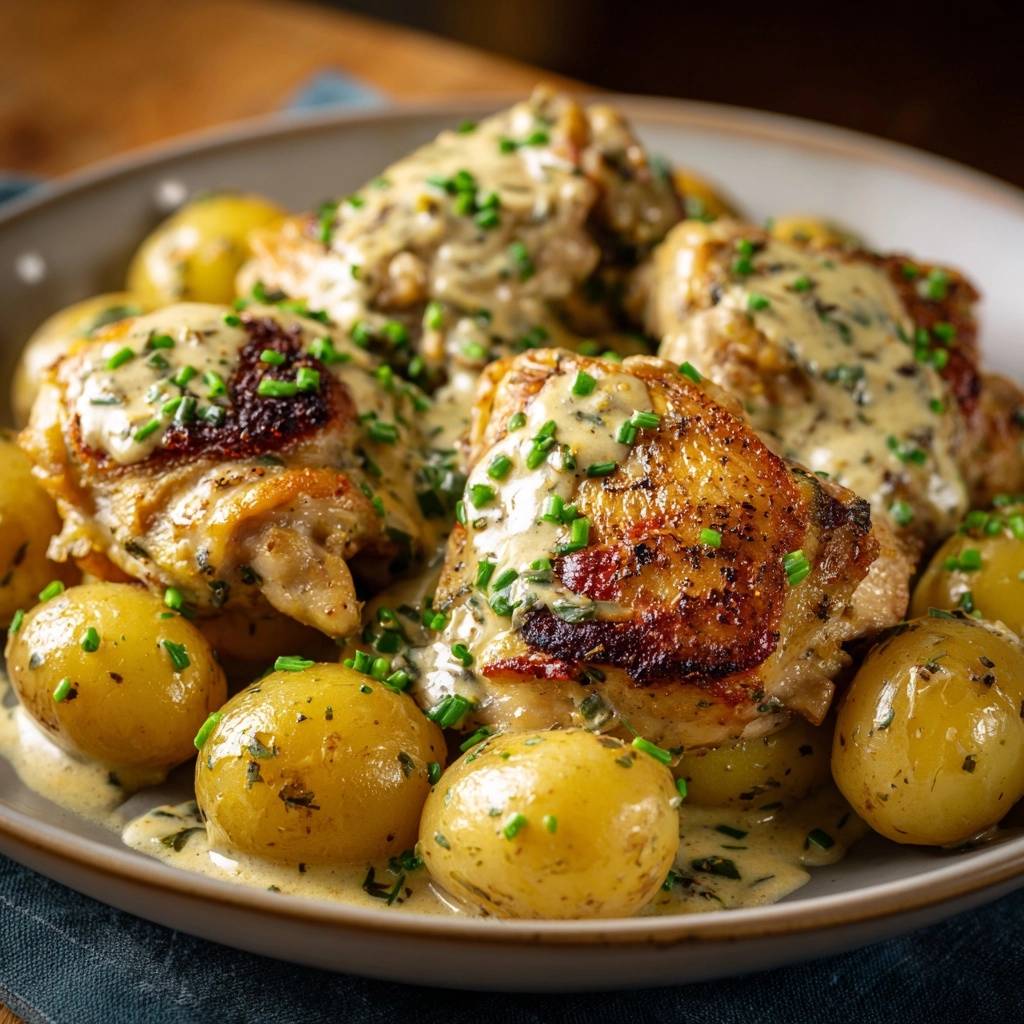 Knuspriges Hähnchen mit Babykartoffeln in Schnittlauchcreme, serviert mit einer cremigen Sauce und garniert mit frischem Schnittlauch.