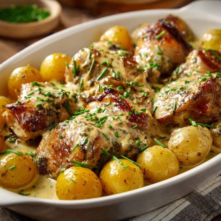 Knuspriges Hähnchen mit Babykartoffeln in Schnittlauchcreme, serviert in einer Auflaufform mit cremiger Sauce und frischem Schnittlauch garniert.