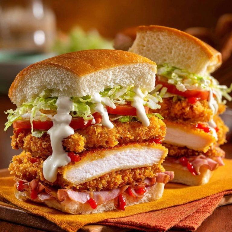 Knuspriges Hähnchen Cordon Bleu Sandwich im Anschnitt mit saftigem Huhn und Schinken auf einem orangen Tuch