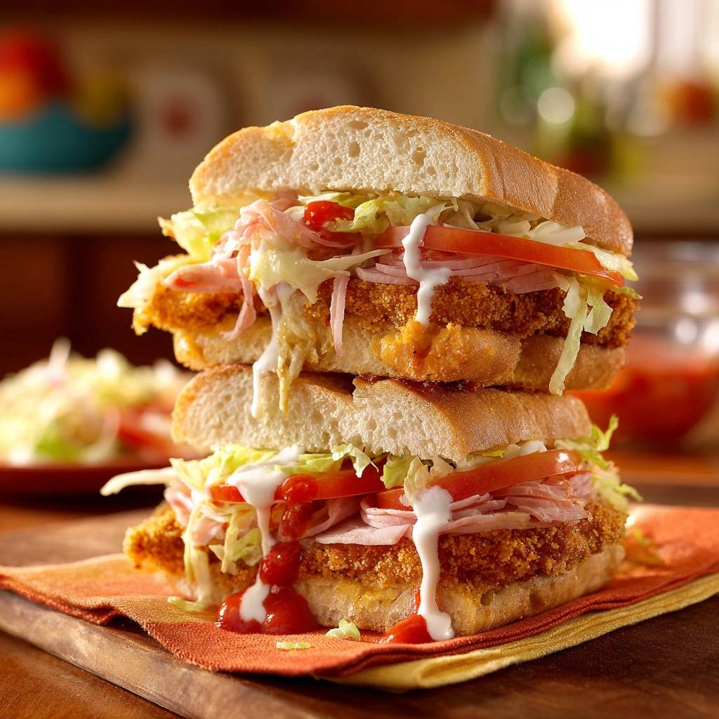 Knuspriges Huhn Cordon Bleu Sandwich Gestapelt 1 Knuspriges Hähnchen Cordon Bleu Sandwich Rezept, gestapelt mit frischem Salat, Tomaten und Sauce.