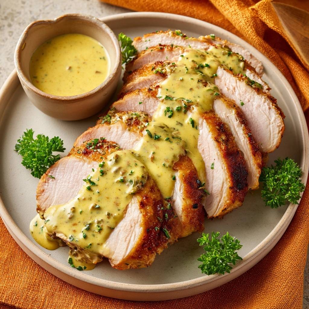 Knuspriges Hähnchenfilet mit Senfsoße, angeschnitten und mit der cremigen Sauce übergossen, garniert mit Petersilie.