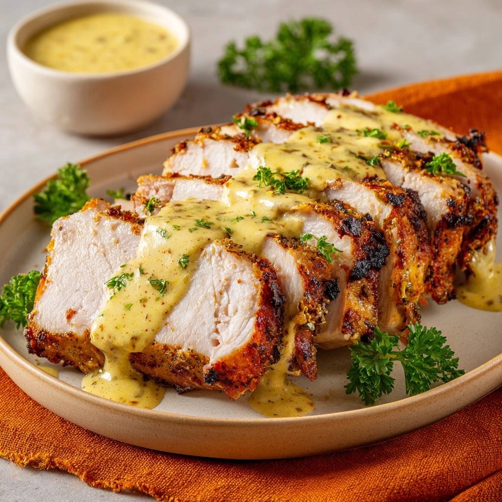 Knuspriges Hähnchenfilet mit Senfsoße, saftig angeschnitten und mit frischer Petersilie garniert, nahaufnahme