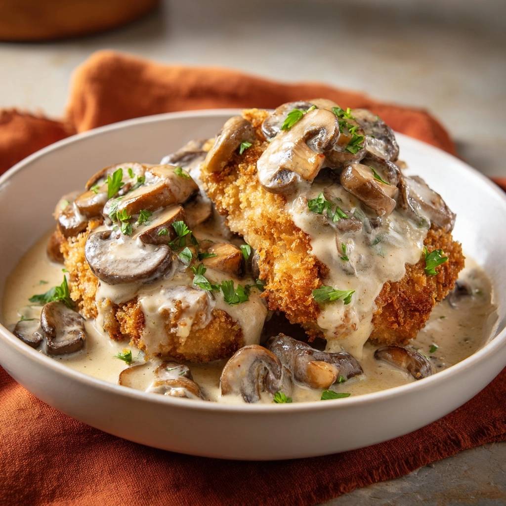 Knuspriges Hähnchenschnitzel mit Champignon-Rahmsoße auf einem Teller serviert, Nahaufnahme der Textur und Soße.