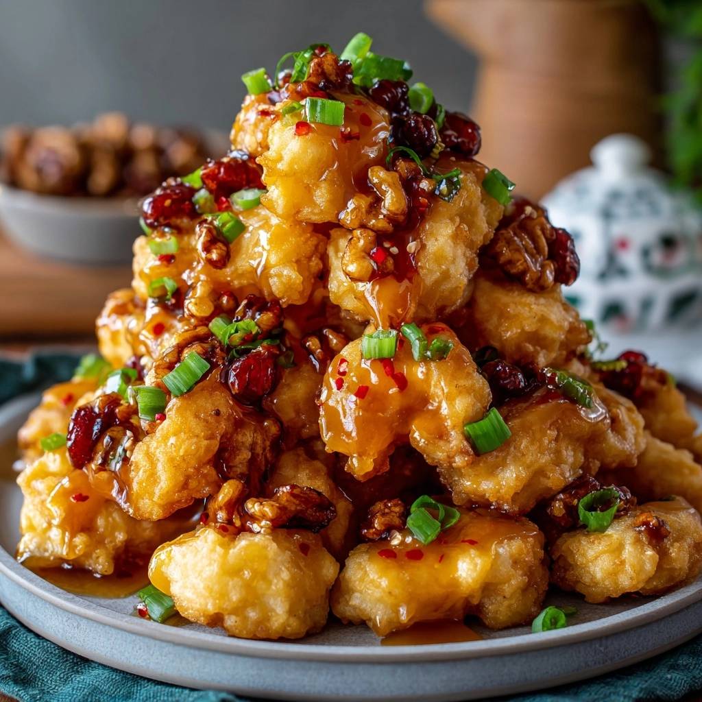 Knuspriges Walnuss-Hähnchen mit Cranberry-Sauce, detailreich garniert mit Frühlingszwiebeln und Nüssen.