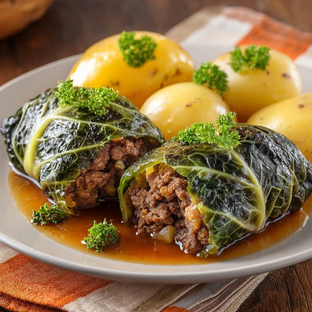 Saftige Kohlrouladen mit Kartoffeln, angeschnitten und mit frischer Petersilie garniert, auf einem Teller serviert.