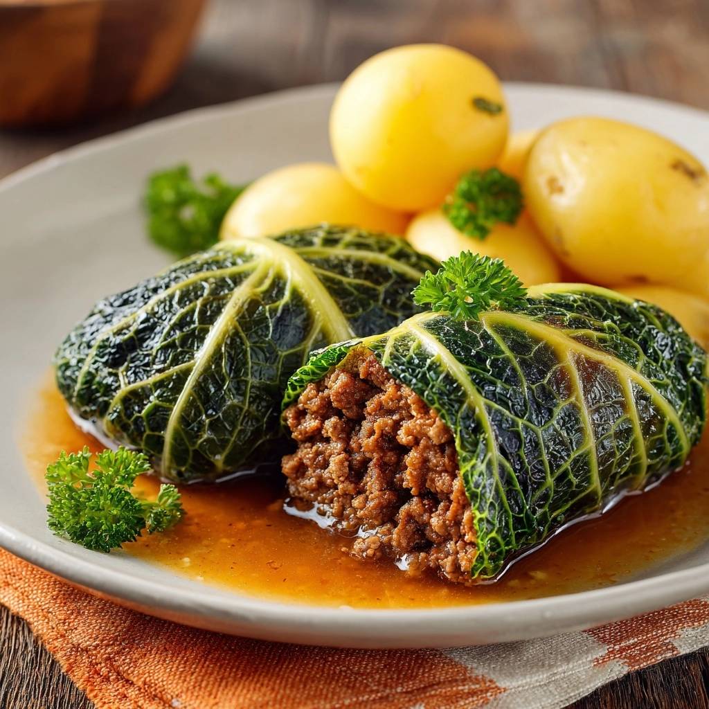 Saftige Kohlrouladen mit Kartoffeln, eine Kohlroulade angeschnitten und das Hackfleisch-Innere offenbart, garniert mit Petersilie.
