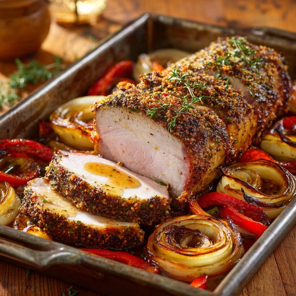 Kräuter-Rinderfilet mit Ofen-Paprika und Zwiebeln, angeschnitten und mit Soße serviert, saftig zart