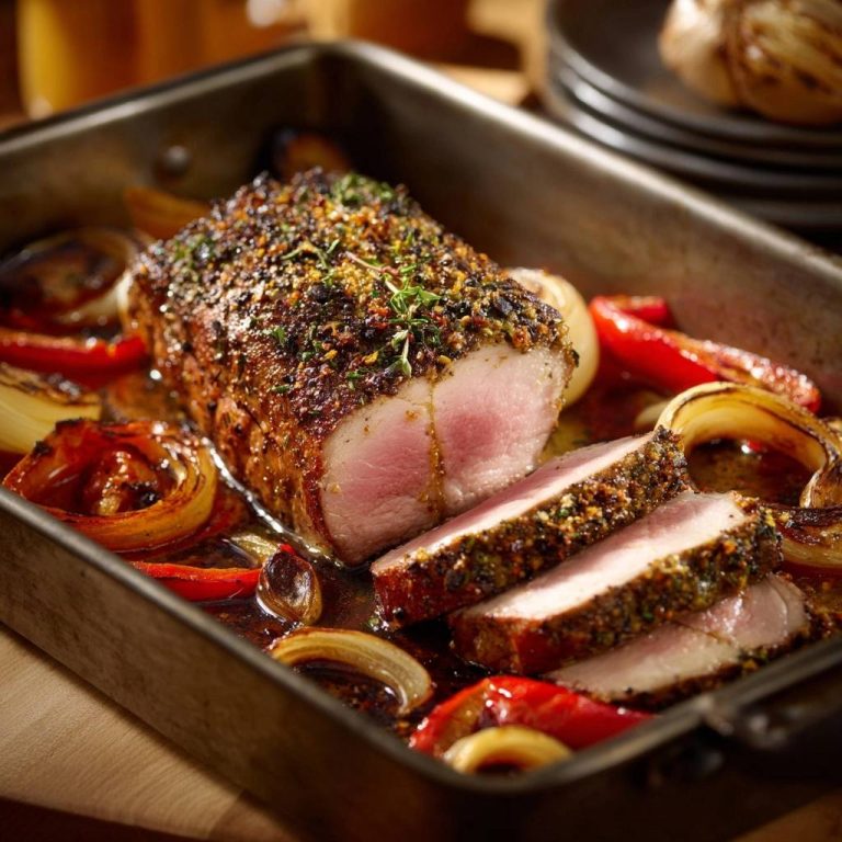 Kräuter-Rinderfilet mit Ofen-Paprika und Zwiebeln, angeschnitten im Bratblech, saftig zart präsentiert