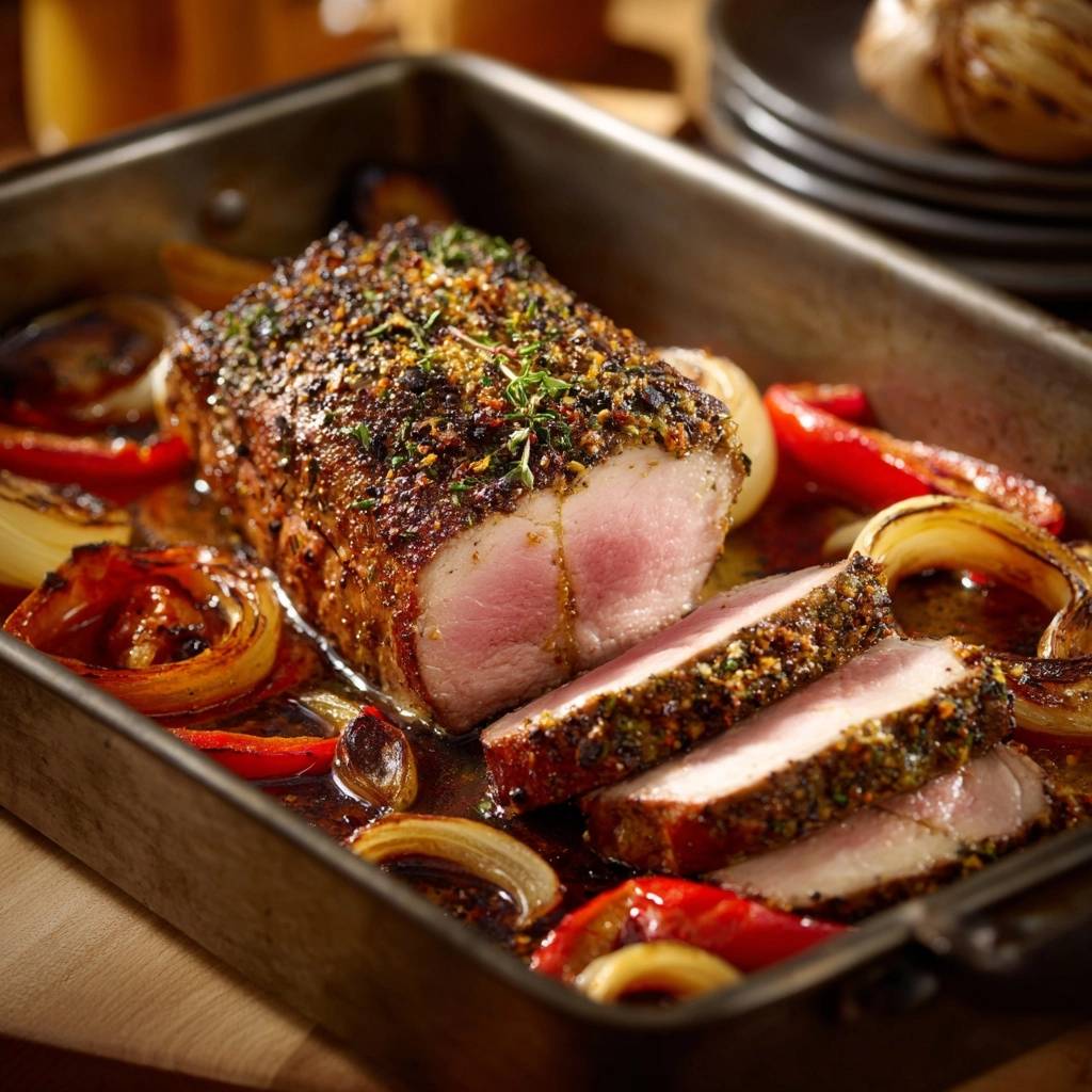 Kräuter-Rinderfilet mit Ofen-Paprika und Zwiebeln, angeschnitten im Bratblech, saftig zart präsentiert