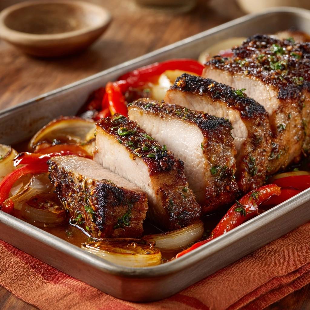 Saftiges Kräuter-Schweinefilet mit Paprika & Zwiebeln, angeschnitten und saftig im Backblech serviert.