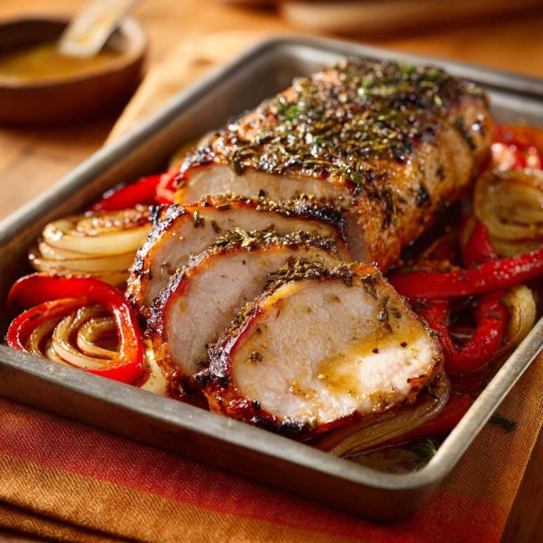 Saftiges Kräuter-Schweinefilet mit Paprika & Zwiebeln angeschnitten, mit saftigem Inneren und Kräuterkruste.