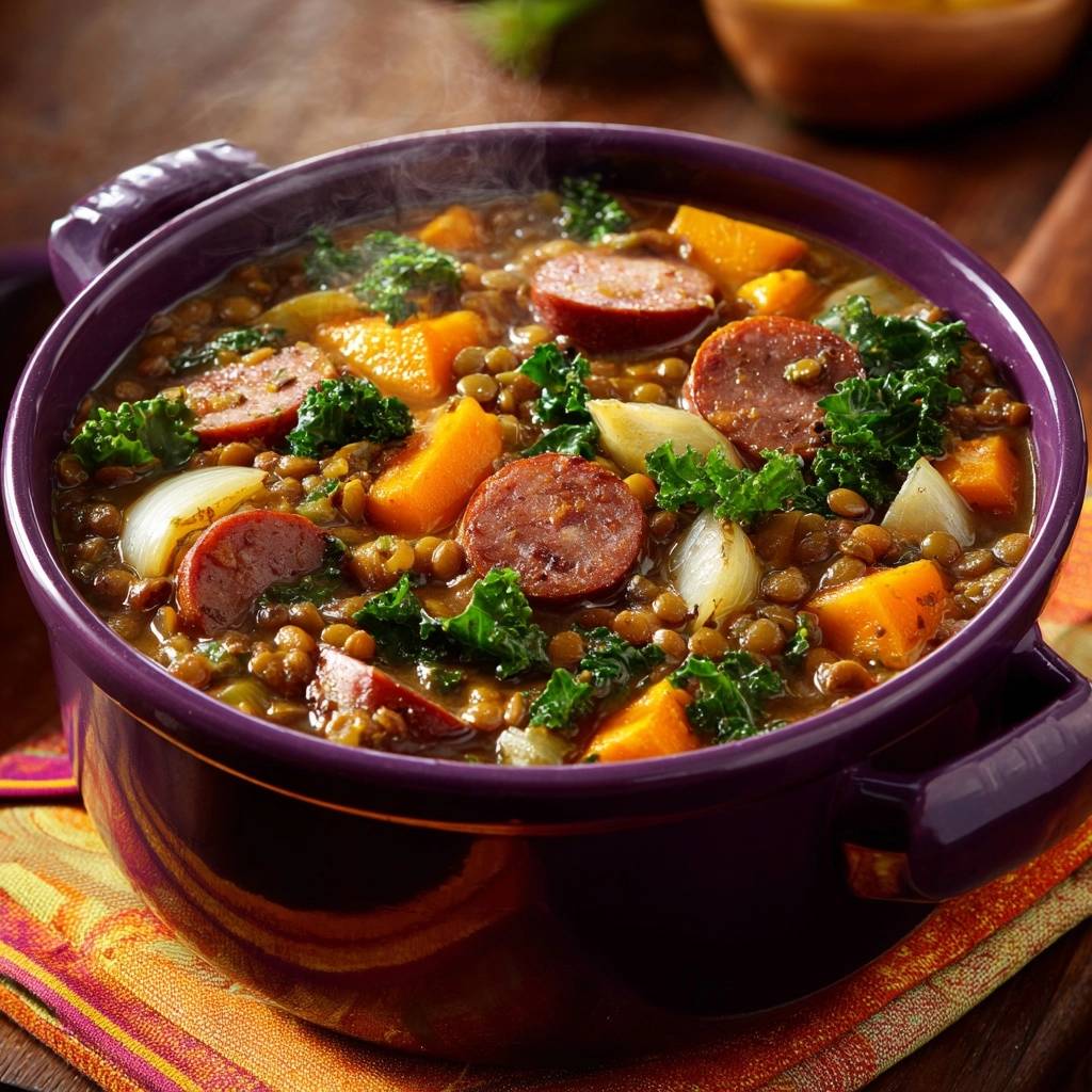 Herzhafter Kürbis-Linsen-Eintopf mit Kale und Wurst, dampfend serviert in einem lila Topf mit dampfenden Wölkchen.