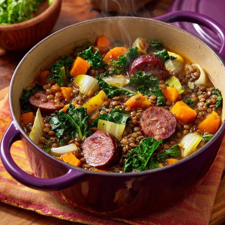 Herzhafter Kürbis-Linsen-Eintopf mit Kale und Wurst, dampfend heiss in einem lila Gusseisentopf serviert.