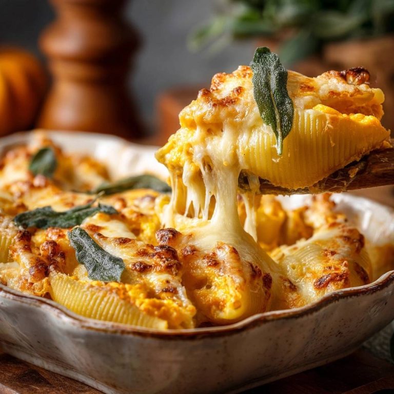 Cremiger Kürbis-Salbei-Conchiglie-Auflauf wird mit geschmolzenem Käse aus einer Auflaufform serviert.
