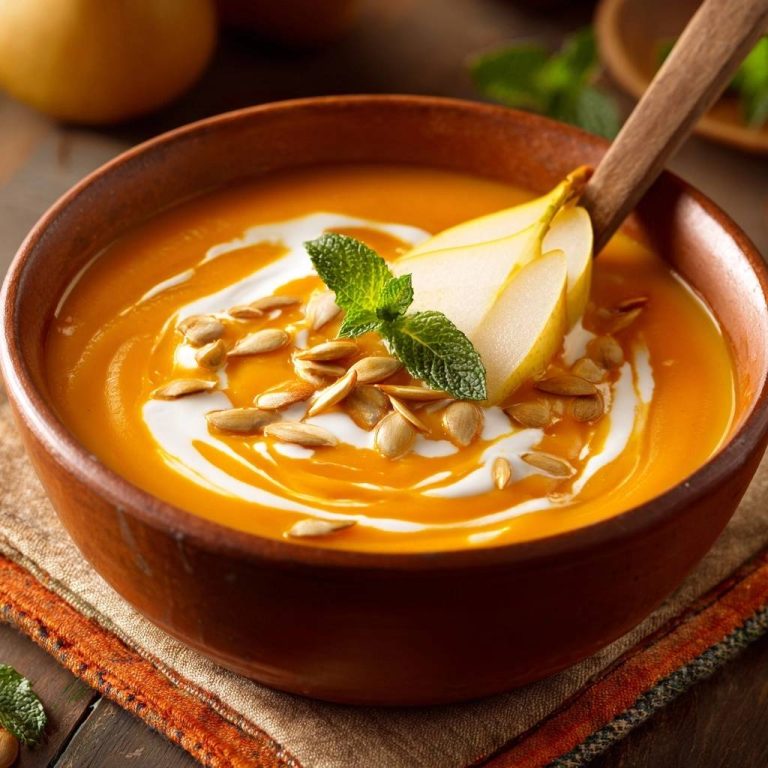 Cremige Kürbis-Birnen-Suppe garniert mit Birnenspalten, Kürbiskernen und Minze, in einer Holzschale serviert.